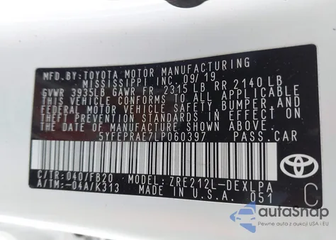 2020 Toyota Corolla Le from USA, damaged, VIN 5YFEPRAE7LP060397